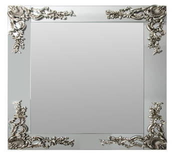 Modern Hollywood Regency Silvered Mirror: Modern Hollywood Regency Style Mirror, with silvered Baroque manner rocaille and shell accents to corners. 41" H x 33" W. Provenance: Property from an 11th Avenue Duplex. Keywords: Decorative Arts,