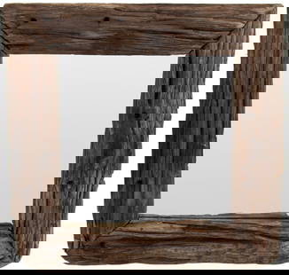 Rustic Driftwood Mirror: Rustic Driftwood Mirror, apparently unmarked. 35" H x 33.5" W. Provenance: From a New York City Collection. Keywords: Looking Glass, Vanity, Country, Live edge, Butterfly Joints, Mirror plate,