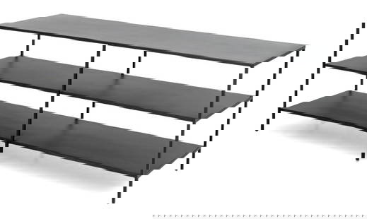Blackened Metal 3-Tier Sofa Table: Blackened Metal Three-Tier Sofa Table. 24.25" H x 66.25" W x 18.25" D. Provenance: From a New York City Collection. Keywords: Contemporary Furniture, Bookshelf, Display case, Etagere, Shelving,