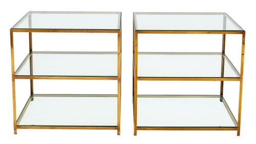Modern Glass Top Brass 3-Tier Etageres, Pair