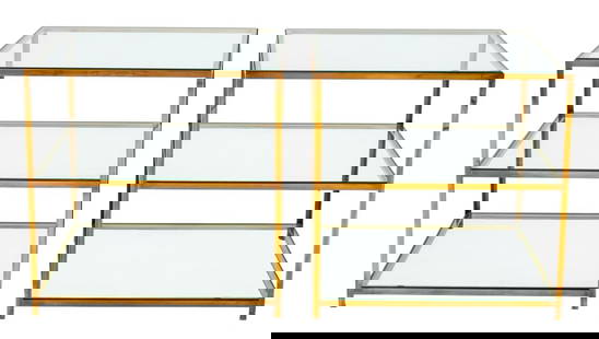 Modern Glass Top Brass 3-Tier Etageres, Pair: Pair of Modern Glass Top Brass Three-Tier Etageres, with beveled glass tops. 28.25" H x 28.25" W x 20" D. Provenance: From the Fifth Avenue Estate of Sherle Wagner. Keywords: Vintage Furniture, Gilt m