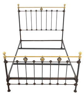 Victorian Wrought Iron Brass Queen Size Bed Frame: Victorian Wrought Iron and Brass Queen Size Bed Frame. 62.25" H x 60" W x 85" D. Provenance: From an Upper East Side Collection. Keywords: Antique Furniture, Bedroom, Seating, Bedding, Interior design