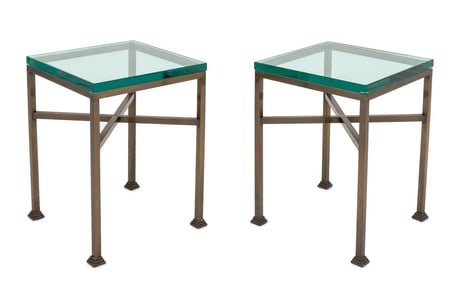 Glass-Topped Metal Side Tables, Pair