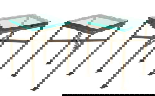 Glass-Topped Metal Side Tables, Pair: Pair of Glass-Topped Metal Side Tables, each with four legs conjoined by x-form stretcher. 20" H x 15" W x 15" D. Provenance: From an Upper East Side Collection. Keywords: Modern Furniture, End tables