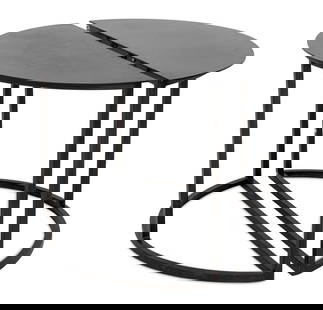 Minimalist Black Metal Demilune Tables, Pair: Pair of Minimalist Black Metal Demilune Tables. Provenance: From an Upper East Side Collection. Each: 31" H x 49" W x 20" D. Provenance: From an Upper East Side Collection. Keywords: Modern Furniture,