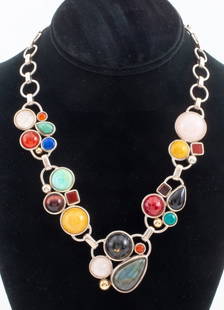 Atalporo Peruvian Sterling & Crystal Necklace: Atalporo Peruvian Crystal and Sterling Silver Chain Link Necklace, with inset semi-precious stone cabochons including labradorite, sunstone, rose quartz pink rock crystal, lapis lazuli, etc., signed "