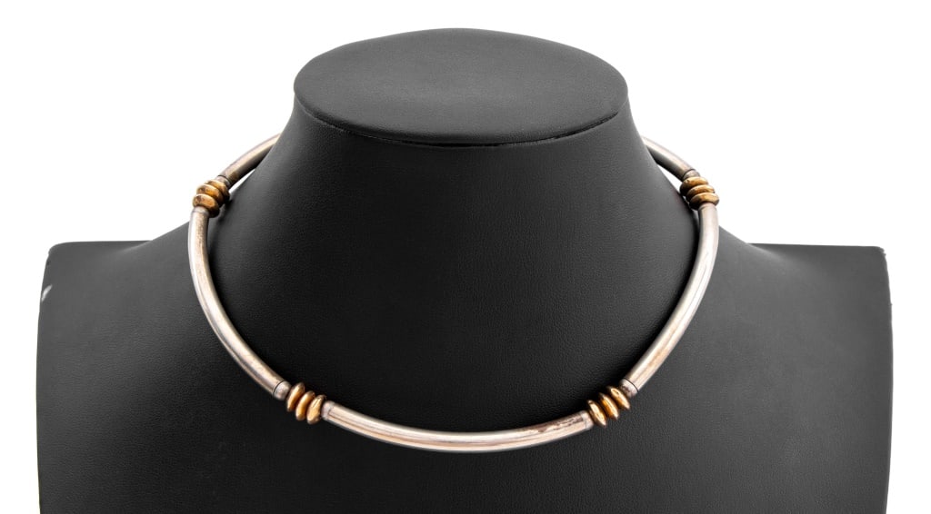Modern Sterling Silver & 14K Gold Choker Necklace: Modern Sterling Silver Choker Necklace, with 14K yellow gold round accents, marked "925" to clasp. Silver and gold tested. Weight: 0.53 ozt.; 14.25" L. Provenance: From a New York City Collection. Key