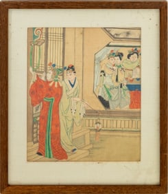 Chinese Figural Scene Gouache on Silk