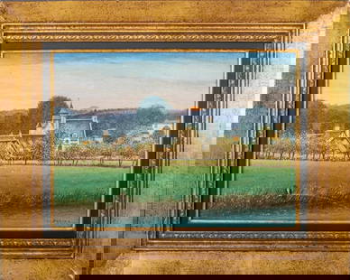 Pierre Bazire "Pecheur Sur La Touques" Oil: Pierre Bazire (French, b. 1938), "Pecheur Sur La Touques" [Fisherman on the Touques], Oil on Wood Panel, signed lower right and titled to verso, giltwood frame. Image: 9" H x 12" W; frame: 14.5" H x 1