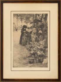 Ferdinand Schmutzer "Blumenmarkt in Paris" Etching