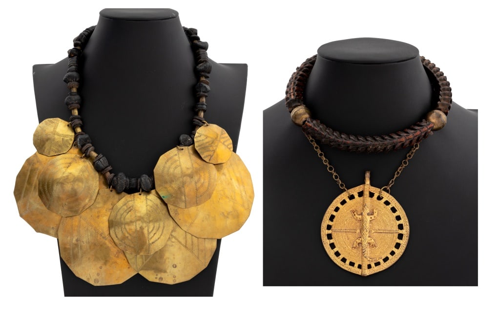 African Modern Brass Necklaces, 2: Group of Two African Modern Brass Necklaces, on bone bead collar centered by large circular pendant with lizard motif, and beaded necklace with large hammered and etched brass pendants. Larger: 21" L 