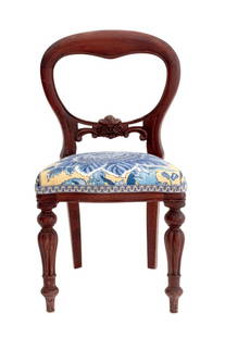 Victorian Salesman Sample Mahogany Side Chair: Victorian Salesman Sample Mahogany Side Chair, with openwork back, yellow and blue floral fabric covered seat, and two turned tapered front feet. 18" H x 10" W x 10" D; seat: 9.5" H. Provenance: From