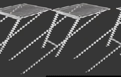 Mid-Century Modern Chrome Folding Tables, Pair: Pair of Mid-Century Modern Acrylic and Chrome Metal Folding Tables. 25.5" H x 18.75" W x 15" D. Provenance: From a New York City Collection. Keywords: Vintage Furniture, MCM, Side table, End table, In
