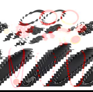 Chinese Cinnabar Jewelry Articles, 11: Group of Eleven Chinese Cinnabar Jewelry Articles, comprising: cloissone, black lacquered, and cinnabar bangle with pierced dragon design, two carved bead necklaces, carved pendent with long life symb