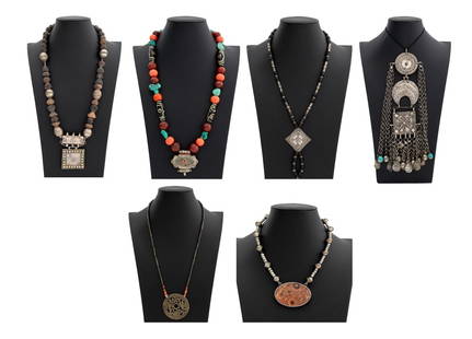 Middle Eastern Bead Necklaces, 6: Collection of Six Middle Eastern Bead Necklaces, comprising, silver, onyx beads with diamond form silver pendant with incised geometric design, Ethiopian carved wood and silver-tone beads with square