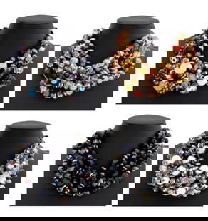 Glass Bead Jewelry Pieces, 4: Four Glass Bead Jewelry Pieces, comprising: two black and iridescent multi-strand necklaces, goldp-tone multi-strand necklace with rhinestone accents, and silver tone and clear bead necklace. Gold