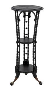 American Painted Wood & Composition Pedestal: American Black Painted Wood and Composition Three Tier Pedestal, late 19th century, the circular top on spiraling turned supports, on claw and ball feet. 36" H x 15" Diameter. Keywords: American Furni