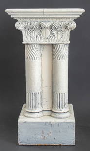 Neoclassical Painted Wood Plant Stand Pedestal: Neoclassical Style White Painted Wood Pedestal or Plant Stand, early 20th century, with a Corinthian capital above four carved columns above a square base. 28" H x 15.5" W x 15.5" D. Provenance: From