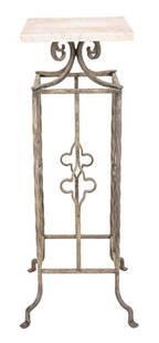 Marble Top Wrought Iron Pedestal: Marble Top Wrought Iron Pedestal. 36" H x 12" W x 12" D. Provenance: From a New York City Collection. Keywords: Vintage Furniture, Stone top, Plant stand, Jardiniere stand, Base, White marble,