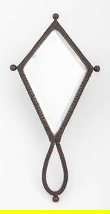 French Wrought Iron Diamond-Shaped Hand Mirror: French Wrought Iron Diamond-Shaped Hand Mirror, signed "G. Violot" on reverse. 10.5" H x 5" W. Provenance: From a New York City Collection. Keywords: Vanity, Looking glass, Beveled glass, Decorative