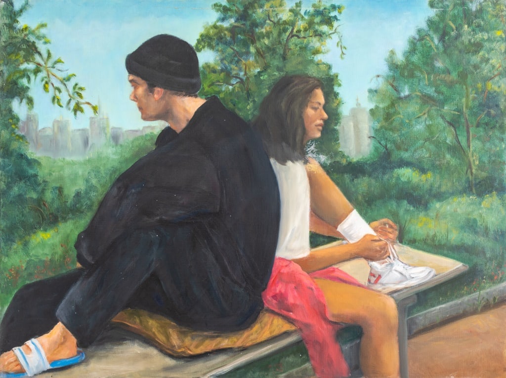 Penny Purpura Central Park View Oil on Canvas: Penny Purpura (American, XX-XXI), View of Central Park, Oil on Canvas depicting, a seated young man and woman, signed to verso and to edges, unframed. 18" H x 24" W. Provenance: Property from the esta