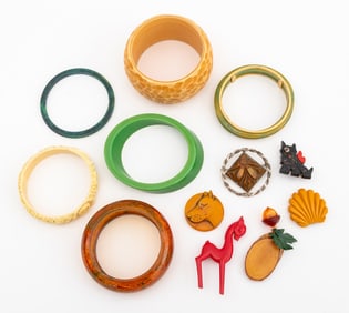 Bakelite and Resin Bangles and Pins, 12