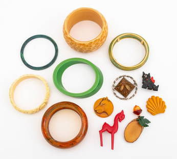 Bakelite and Resin Bangles and Pins, 12: Collection of Twelve Bakelite and Resin Bangles and Pins, six pins, six bangles, comprising: red Bakelite deer pin, butterscotch shell pin, butterscotch dog head pin, Bakelite Scotty dog pin lacking e