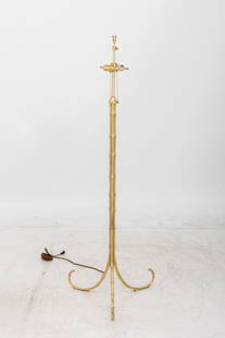 Visual Comfort & Co. Gilt Faux Bamboo Floor Lamp: Visual Comfort and Company Gilt Faux Bamboo Floor Lamp, on tripod base, marked to the light sockets. 63" H x 23" W x 20" D. Provenance: From a 35 East 75th Street Estate. Keywords: Lighting, Torchere,