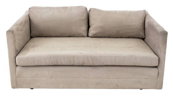 Contemporary Beige Ultrasuede Upholstered Sofa: Contemporary Beige Ultrasuede Upholstered Loveseat Sofa. 36.5" H x 55" W x 34" D. Provenance: From a 35 East 75th Street Estate. Keywords: Modern Furniture, Couch, Sofa, Seating, Interior design, Deco