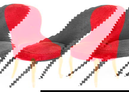 Victorian Style Spoon Back Slipper Chairs, Pair: Pair of Victorian Style Spoon Back Slipper Chairs, each with shaped tufted back above red fabric covered seat, now covered in brick red chenille, above carved cabriole legs. 36" H x 24" W x 28" D; sea