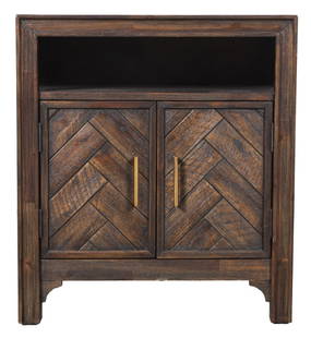 Chevron Hardwood Two-Door Cabinet: Chevron Hardwood Two-Door Cabinet, with single shelf above. 28" H x 25" W x 15" D. Provenance: From a New York City Collection. Keywords: Modern Furniture, Storage, Bedside table, Nightstand,