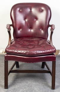 Georgian Style Upholstered Armchair: Georgian Style Upholstered Arm Chair. 36" H x 26" W x 24.5" D. Provenance: From a New York City Collection. Keywords: British Furniture, English Furniture, Seating, Button-tufted, Merlot tone, Wine