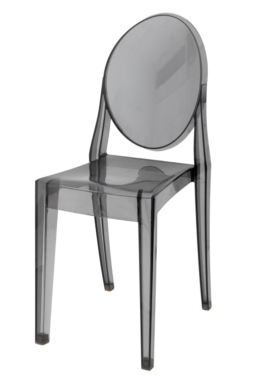Philippe Starck for Kartell Victoria Ghost Chair: Philippe Starck for Kartell Victoria Ghost Chair, transparent smoke grey polycarbonate, marked "Victoria Ghost design Starck by Kartell Made in Italy" to reverse of seat. 35.5" H x 14" W x 18.5" D; se