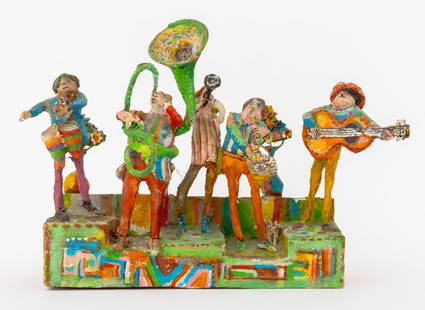 William H. Stevens Papier Mache Band Sculpture: William H. Stevens (American, b. 1924) Painted Papier Mache Figural Band Sculpture, 1987, signed and dated to reverse. 13" H x 18" W x 5" D. Provenance: From an Upper East Side Collection. Keywords: S