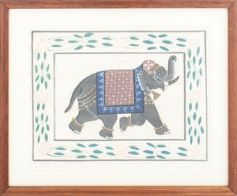 Indian Mughal Style Elephant Gouache on Fabric