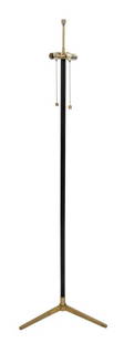 Mid-Century Modern Style Tripod Floor Lamp: Mid-Century Modern Style Tripod Floor Lamp, two light fixtures, ebonized stem and brass-tone hardware. 60.25" H x 18" W x 18" D. Provenance: From a New York City Collection. Keywords: Lighting, Standi