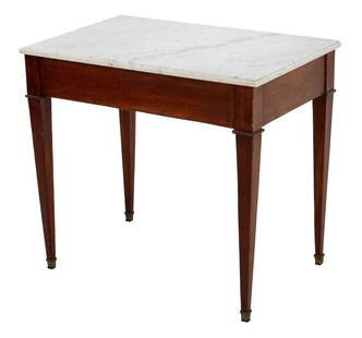 Neoclassical Style Marble Top Mahogany Side Table: Neoclassical Style White Carrara Marble Top Mahogany Side Table, on four tapered legs. 26.5" H x 30" W x 19.25" D. Provenance: From a West 12th Street Estate. Keywords: Antique Furniture, Entryway