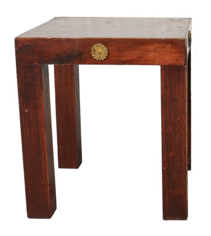 Empire Revival Diminutive Pedestal Table: Empire Revival Diminutive Wood Pedestal Table, with gilt metal embellishment. 16" H x 14" W x 14" D. Provenance: Property from an estate located at 160 E 65th Street. Keywords: Vintage Furniture, Side