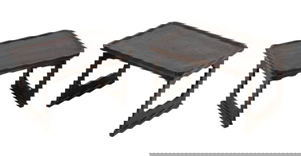 Chinese Hardwood Altar Tables, 2: Two Chinese Hardwood Altar Tables, circa 1900, with shaped tops. Larger: 11.25" H x 19.25" W x 13.25" D. Provenance: From a West 12th Street Estate. Keywords: Antique Furniture, Side table, End