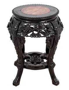Chinese Hardwood and Marble Pedestal Table: Chinese Carved Hardwood and Marble Pedestal Low Table, late 19th century, ornately carved on scrolled legs joined by an undertier. 18" H x 13" W x 13" D. Keywords: Asian Arts, Antique Furniture, Lamp