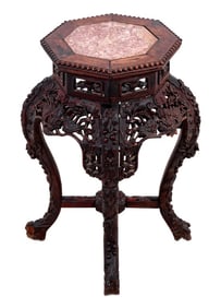 Chinese Hardwood and Marble Pedestal Table