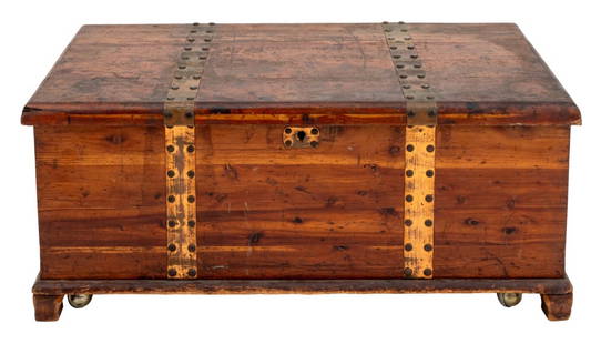 Acme Red Cedar Blanket Chest: Acme Red Cedar Blanket Chest, "Acme Chests / South Bend Illinois" plaque label inside, with brass banding to top and on casters. 16.5" H x 37.25" W x 19" D. Provenance: From a New York City
