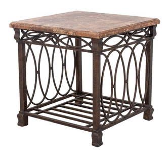 Simulated Marble and Patinated Metal Side Table: Simulated Marble and Patinated Wrought Iron Side Table, 20th century, with a square molded top. 25" H x 25" W x 25" D. Keywords: Vintage Furniture, Neoclassical, Occasional table, Lamp table, Interior