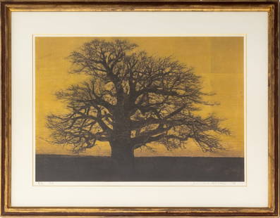 Joichi Hoshi "Evening View" Woodblock, 1977: Joichi Hoshi (Japanese, 1913-1979), "Evening View (Dusk)", Woodblock Print with Gold Leaf, 1977, signed and dated in pencil lower right, numbered edition "39/99" lower left, together with Certificate