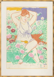 Mayumi Oda "Cosmos Garden" Woodblock: Mayumi Oda (Japanese, b. 1941), "Cosmos Garden", Woodblock Print in Colors, signed in pencil and numbered edition "15/50" lower left with artist's chop seal mark, titled center below, giltwood frame.