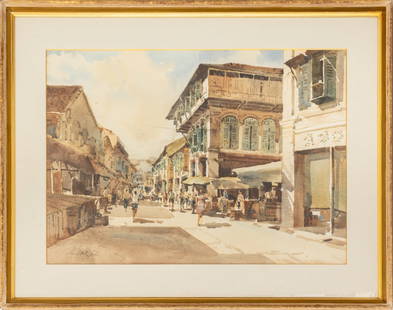 Ong Kim Seng Street Scene Watercolor, 1982: Ong Kim Seng (Singaporean, b. 1945), Singapore Old Chinatown Street Scene, Watercolor on Paper, 1982, signed and dated lower left, giltwood frame. Image: 20.5" H x 28.5" W; frame: 29.25" H x 37.25"
