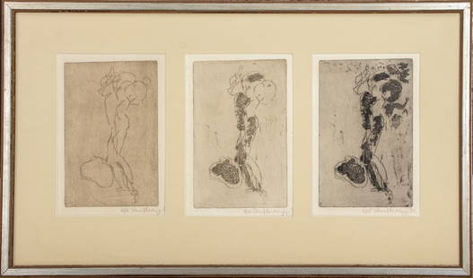 Illegibly Signed Abstract Brutalist Etchings, 3: 20th Century School, Three Abstract Brutalist Compositions, Etchings on Paper, each illegibly signed in pencil lower right, each numbered edition "8/18", together in a silvered wood frame. Image: 9"