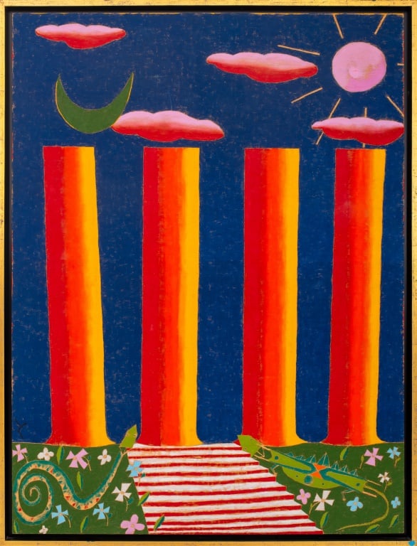 Francisco Galeno "Vale do amanhecer" Oil on Board: Francisco Galeno (Brazilian, b. 1957), "Vale do amanhecer" [Dawn Valley], Oil on Wood Board, 1985, signed, dated, and titled to verso, ebonized and giltwood frame. Image: 62.75" H x 47.25" W; frame: 6