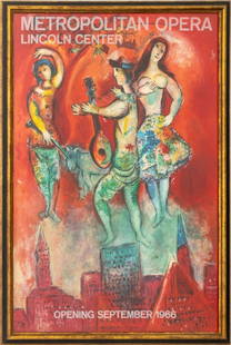 After Marc Chagall Carmen Lithograph Poster, 1966: After Marc Chagall (Russian/French, 1887-1985), "Carmen", Lithograph Poster, 1966, printed by Mourlot, Paris, for Metropolitan Opera, commissioned by Lincoln Center, gilt and ebonized wood frame.