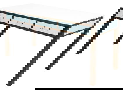 John Fischer Bronze and Marble Desk: John Fischer Furniture Bronze and Marble Writing Desk, 1990s, the rectangular white marble writing surface above three robin's egg blue enameled drawers with lucite pulls, on four square bronze legs.